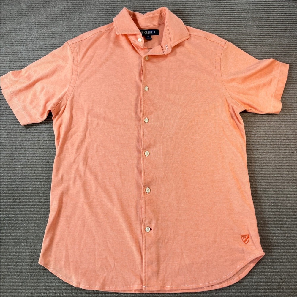 Cremieux Mens Short Sleeve Button Down Shirt Orange Ribbed Cotton Size M